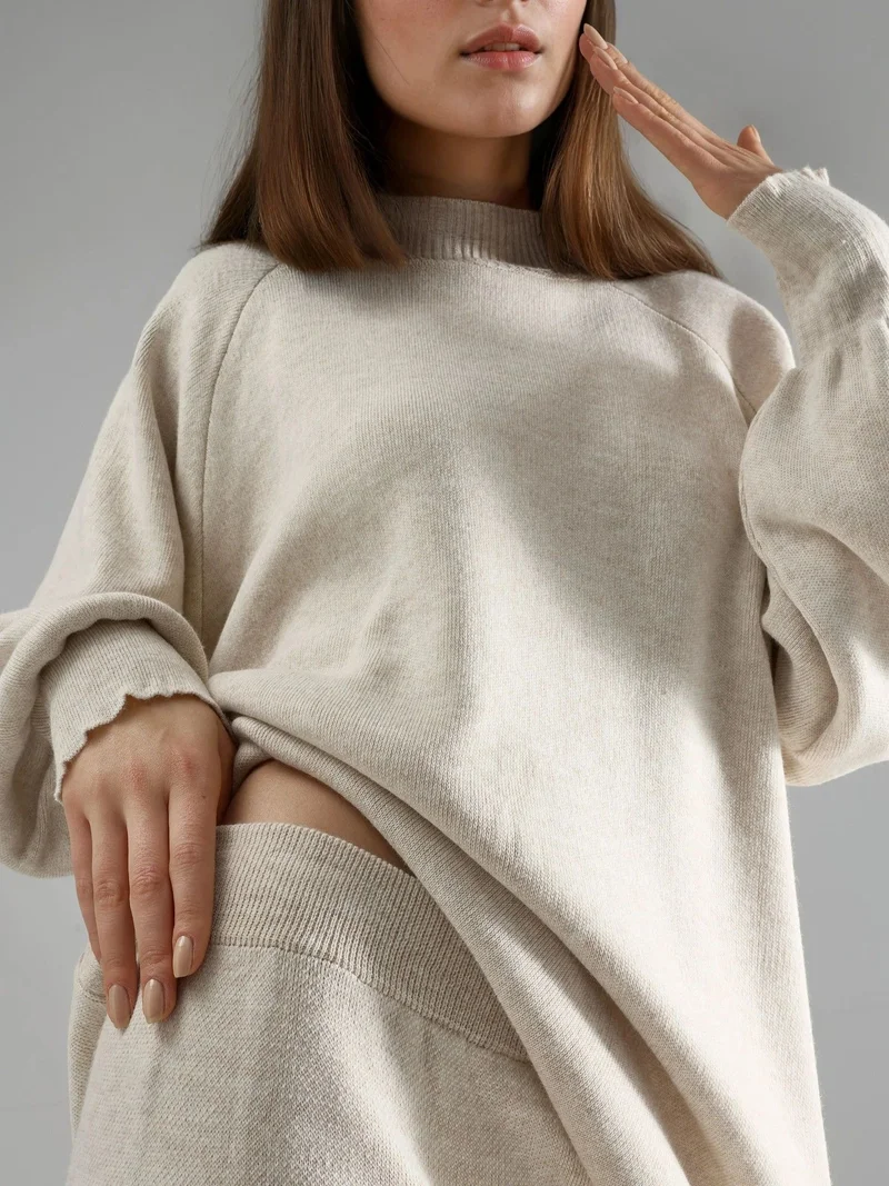 MY FASHION Stone Natural MY FASHION Loose Fit Sweater & Pants Knit Co-ord Set for Women | Best Price UAE